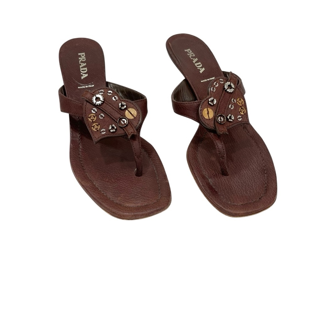 Prada Antic Hearth Heart Vintage Brown Leather Kitten Heel Sandals